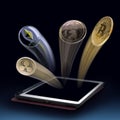 Digital currency coin fling From tablet. concept Of profits. bit