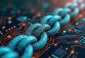 Digital currency concept artwork. Abstract blockchain chain links on circuit board. Binary code represents decentralized data