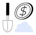 Digital Currency Mining Concept with Coin, Shovel, and Cloud Symbol Royalty Free Stock Photo