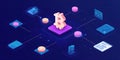 Digital currency network with glowing Bitcoin symbols and transaction flows