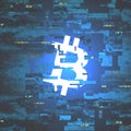 Digital Currency Symbol Bitcoin on Corrupted Pixel Background -