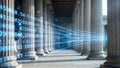 Digital Currents Through Timeless Stone: Ancient Columns Embracing Data Streams Royalty Free Stock Photo