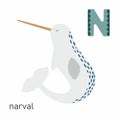 Digital cute illustration of narval whale isolated on white background with letter for Alphabet for children