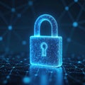 Digital cyber security concept on blue tech background. Padlock icon as metaphor of data protection in online network. Firewall