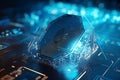 digital cyber security concept, shield on circuit board background with blue lights. abstract technology background. AI generated Royalty Free Stock Photo