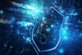 digital cyber security concept, shield on circuit board background with blue lights. abstract technology background. AI generated Royalty Free Stock Photo