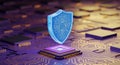 Digital cyber security shield icon with circuit board and microchip representing data protection technology Royalty Free Stock Photo