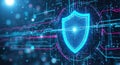 Digital cyber security shield protecting network data with blue glowing lines and circuits Royalty Free Stock Photo