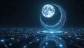 Digital cyber space with full moon control panel and crescent moon interface. Constellations form data clusters on dark Royalty Free Stock Photo