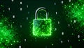 Digital cybersecurity concept with glowing green padlock and binary code Royalty Free Stock Photo