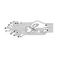 Digital Cybersecurity Concept. Hand Holding Key with Circuit Board Lines for Data Protection and Network Security. Royalty Free Stock Photo
