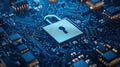 Digital cybersecurity concept with lock symbol on illuminated circuit board Royalty Free Stock Photo