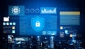 Digital Cybersecurity Interface Displaying Data Analytics, Artificial Intelligence and Secure Lock Icon Over Skyscraper Royalty Free Stock Photo