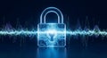 Digital Cybersecurity Padlock with Glowing Circuit and Data Waves Royalty Free Stock Photo