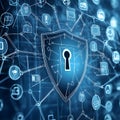 Digital cybersecurity shield with keyhole in network technology concept in blue color
