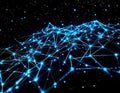 A digital 3D abstract network with interconnected glowing blue lines and dots against a black background Royalty Free Stock Photo