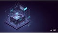 A digital 3D artwork features a network of translucent cubes and panels interconnected with glowing lines. Royalty Free Stock Photo