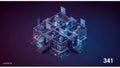 A digital 3D artwork features a network of translucent cubes and panels interconnected with glowing lines. Royalty Free Stock Photo