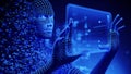 Digital 3d Avatar touch virtual screen. Business Internet Science Technology Concept. Empty Space