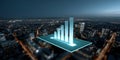 Digital 3D bar graph hologram floating above cityscape at night representing data analytics and business growth visualization Royalty Free Stock Photo