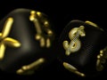 Digital 3D golden dices with cryptocurrency and fiat currency symbols