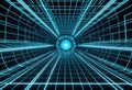 Digital 3D grid tunnel with glowing blue lines black background central bright blue light source futuristic geometric pattern Royalty Free Stock Photo
