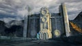 Digital 3d illustration of a cloaked figure approaching a mysterious marble temple - fantasy painting