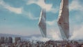 Digital 3d illustration of a pair of massive towers looming over a future city - sci-fi fantasy painting Royalty Free Stock Photo