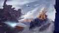 Digital 3D illustration of ships flying toward an alien hive on a fantasy planet in the distant future - sci-fi fantasy painting