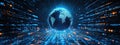A digital 3D model of globe with glowing blue lines and arrows, representing global connectivity and technology. Royalty Free Stock Photo