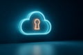 A digital 3D neon cloud with a glowing keyhole within it. Cloud computing and cybersecurity concept. Royalty Free Stock Photo