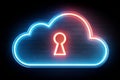 A digital 3D neon cloud with a glowing keyhole within it. Cloud computing and cybersecurity concept. Royalty Free Stock Photo