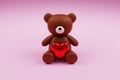 Digital 3D render of a cute romantic brown teddy bear figure with a heart on a pink background