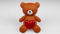 Digital 3D render of a cute romantic brown teddy bear figure with a heart on a white background