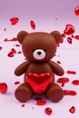 Digital 3D render of a cute smooth brown teddy bear figure with a heart on a romantic background