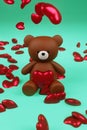 Digital 3D render of a cute smooth brown teddy bear figure with a heart on a romantic background