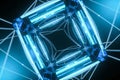 Futuristic glowing neon blue 3D digital cube portal with network lines background Royalty Free Stock Photo
