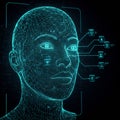 A digital 3D wireframe of a human head is depicted, colored in electric blue against a Royalty Free Stock Photo