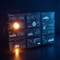 A digital dashboard array displays multiple data visualizations on a dark background. Royalty Free Stock Photo