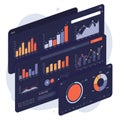 A digital dashboard with a dark theme displays multiple interactive charts and graphs Royalty Free Stock Photo