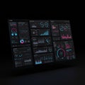 A digital dashboard display shows multiple analytics widgets. The interface includes Royalty Free Stock Photo