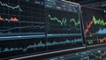 A digital dashboard displaying live stock market data, with dynamic graphs, charts. Artificial intelligence.