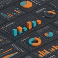 A digital dashboard displaying various 3D charts and graphs on a dark background. Royalty Free Stock Photo