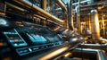 a digital dashboard with graphs and charts and forecasting data, in the background stainless steel pipelines Royalty Free Stock Photo