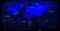Digital dashboard displaying world map in control center, with binary code streams and numeric data Royalty Free Stock Photo