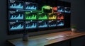 Digital dashboard displays financial data and workflow visualization on multiple monitors Royalty Free Stock Photo