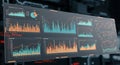 A digital dashboard displays various data visualizations, including bar graphs, line Royalty Free Stock Photo