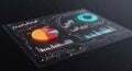 A digital dashboard displays various data visualizations, including pie charts, bar Royalty Free Stock Photo