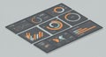 A digital dashboard features various data visualization elements, including bar graphs, Royalty Free Stock Photo
