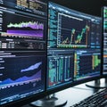 A digital dashboard with graphs, charts, and KPIs displayed on multiple monitors. Royalty Free Stock Photo